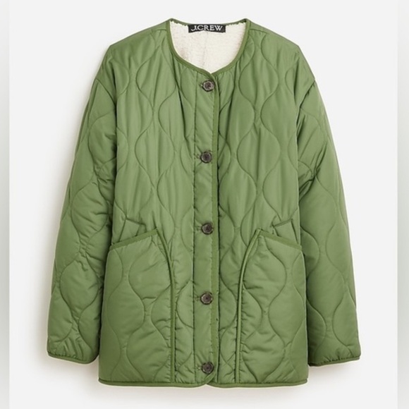 J. Crew Reversible puffer jacket with PrimaLoft BT824 Green XL teddy sherpa